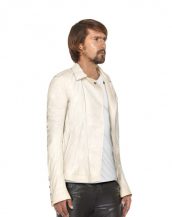 Mens Ivory Leather Jacket with Asymmetrical Zip Fastening