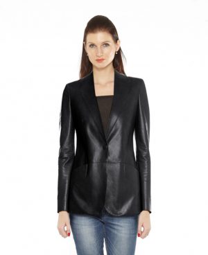 Womens Peplum Leather Blazer with Button Closure
