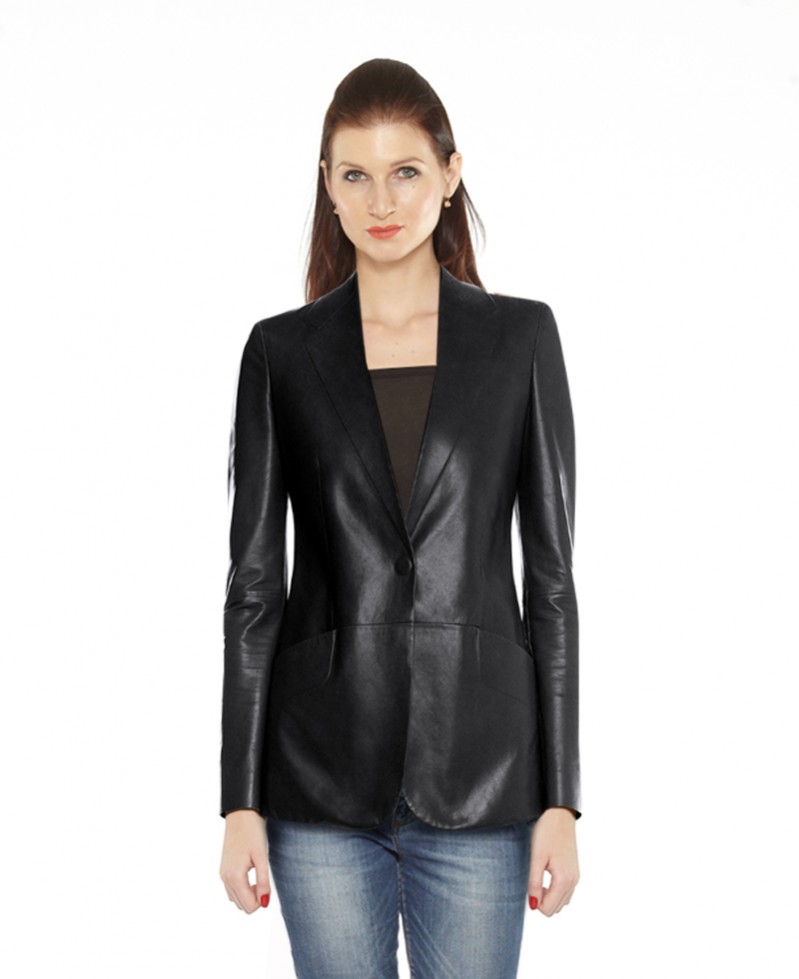 Womens Peplum Leather Blazer with Button Closure 1