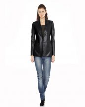 Womens Peplum Leather Blazer with Button Closure