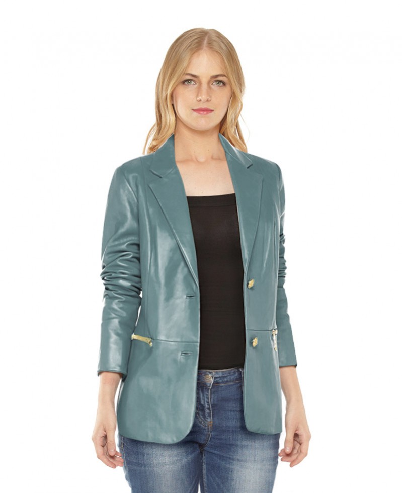 Womens Leather Blazer Jacket with Zip Pockets 1
