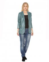 Womens Leather Blazer Jacket with Zip Pockets