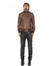 Leather Bomber Jacket with Zippered Patch Pockets
