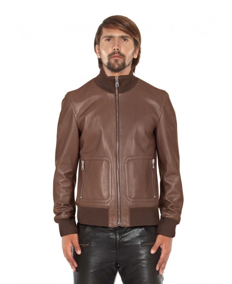 Leather Bomber Jacket with Zippered Patch Pockets 1