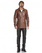 Mens Leather Coat with Flap Patch Pockets