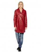 Red Lambskin Leather Coat with Patch Pockets