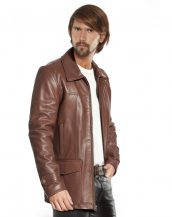 Mens Leather Coat with Flap Patch Pockets