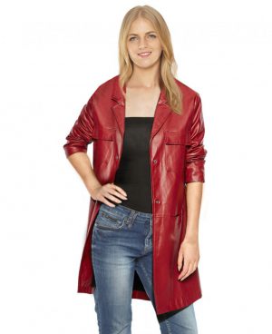 Red Lambskin Leather Coat with Patch Pockets
