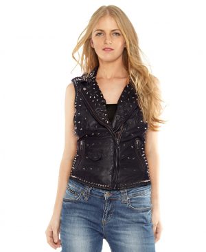 Womens Stylish Studded Leather Moto Vest