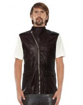Mens Brown Leather Moto Vest with Asymmetrical Zip Fastening