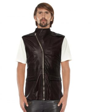 Mens Brown Leather Moto Vest with Asymmetrical Zip Fastening