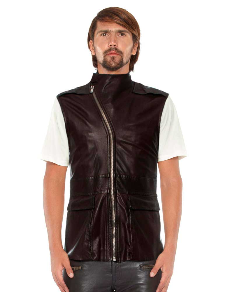 Mens Brown Leather Moto Vest with Asymmetrical Zip Fastening 1