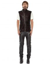 Mens Brown Leather Moto Vest with Asymmetrical Zip Fastening