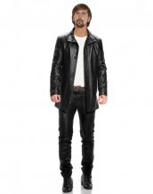 Mens Leather Coat with Button and Eyelet Fastening