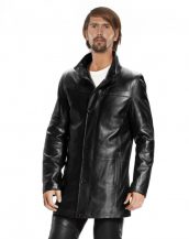 Mens Leather Coat with Button and Eyelet Fastening