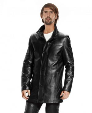 Mens Leather Coat with Button and Eyelet Fastening