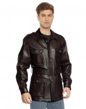 Military Style Leather Trench Coat with Waist Belt for Men