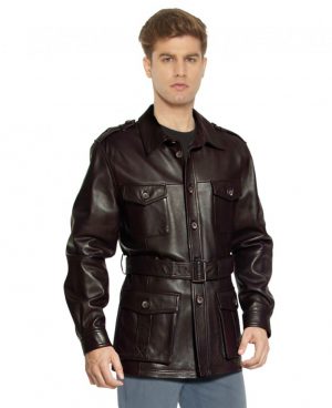 Military Style Leather Trench Coat with Waist Belt for Men