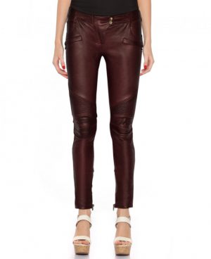Women Motorcycle Leather Pants with Ribbed Detail