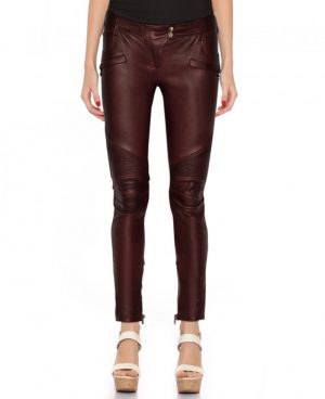 Women Motorcycle Leather Pants with Ribbed Detail