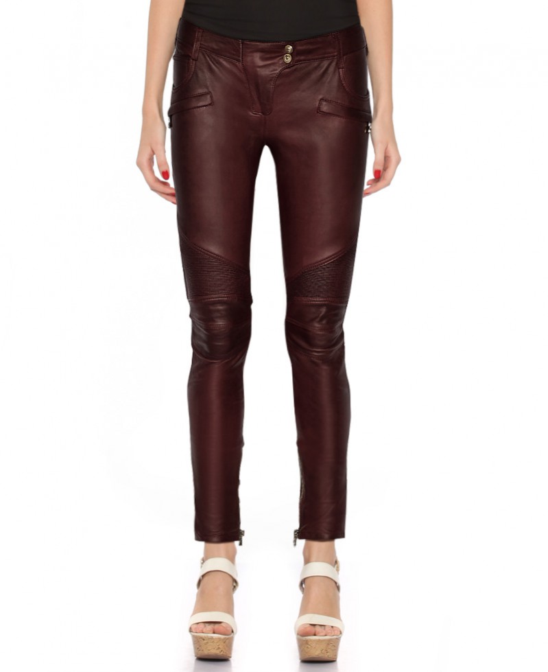 Women Motorcycle Leather Pants with Ribbed Detail 1