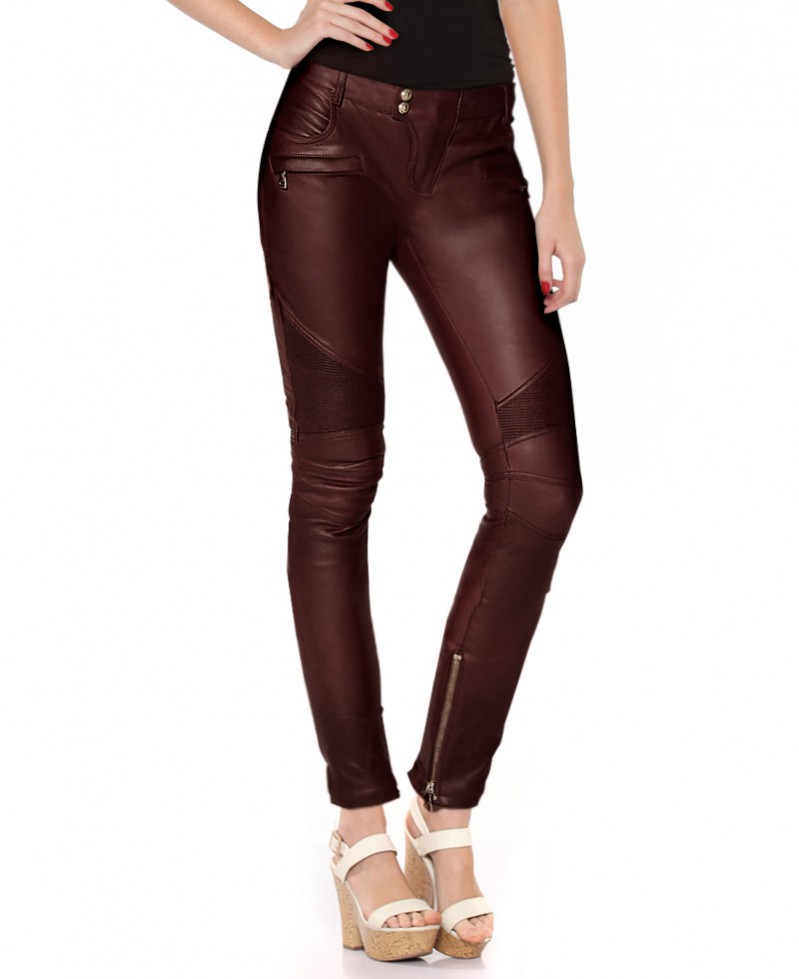 Women Motorcycle Leather Pants with Ribbed Detail Custom