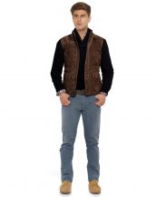 Mens Brown Quilted Suede Motorcycle Vest with Buckled Collar