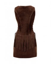 Womens Fringed Suede Dress with Crisscross Drawstring Closure