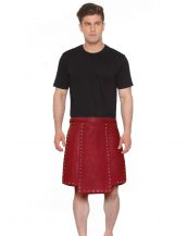 Mens Studded Red Leather Kilt with Side Buckle Tabs