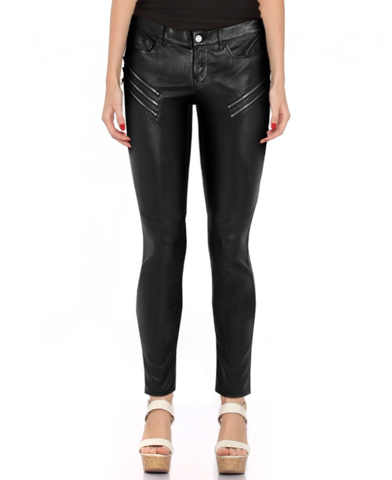 Women Skinny Black Leather Pant with Zip Detailing 1