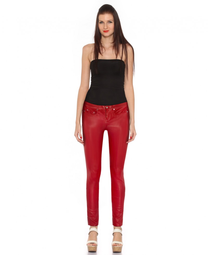 Melody Wear Red Leather Pants Womens Zippers Petite Leather Look