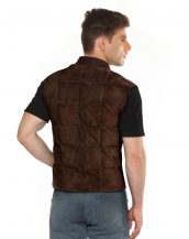 Mens Brown Suede Quilted Vest with Ribbed Collar