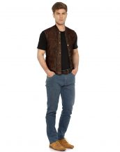 Mens Brown Suede Quilted Vest with Ribbed Collar