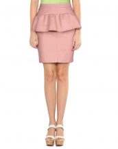 Womens Pastel Pink Knee Length Leather Skirt with Peplum