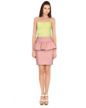 Womens Pastel Pink Knee Length Leather Skirt with Peplum