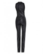 Slim Fit Black Leather Jumpsuit with Plunge V Neck