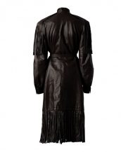 Womens Black Leather Halloween Coat with Fringe Detail