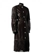 Womens Black Leather Halloween Coat with Fringe Detail