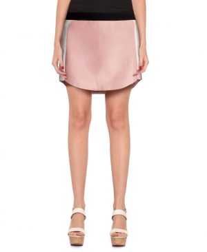 Womens Pastel Pink Leather Skirt with Color block Side Panels