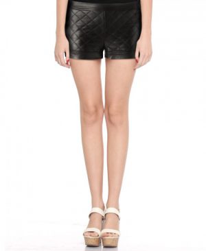 Women Sexy Quilted Leather Shorts with Cuffed Hem