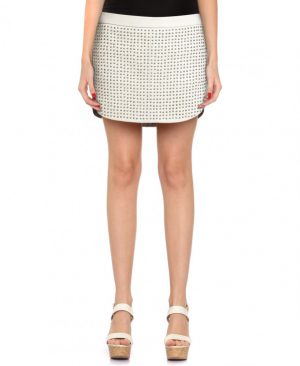 Womens Studded Ivory Leather Mini Skirt with Back Zip Pockets