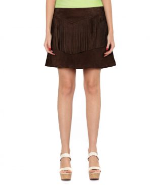 Womens Brown Suede Fringe Skirt