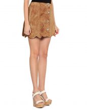 Womens Camel High Waisted Suede Skirt with Scalloped Hem