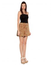 Womens Camel High Waisted Suede Skirt with Scalloped Hem