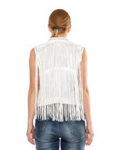 Womens White Leather Vest with Eyelet Fringes