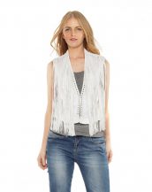 Womens White Leather Vest with Eyelet Fringes