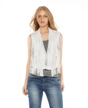 Womens White Leather Vest with Eyelet Fringes