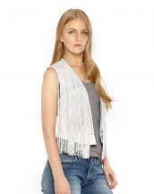 Womens White Leather Vest with Eyelet Fringes